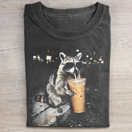 Funny Raccoon Drinking Iced Coffee T-shirt